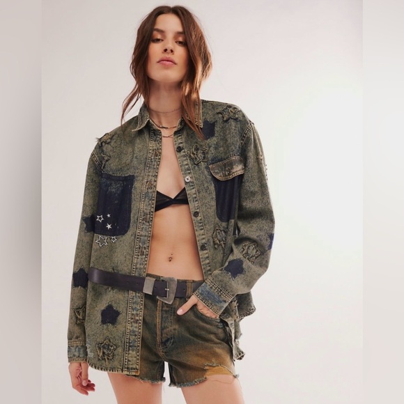 NWT Free People One Teaspoon Everyday Denim Classic Star Shirt S Petrol Green - Picture 1 of 11